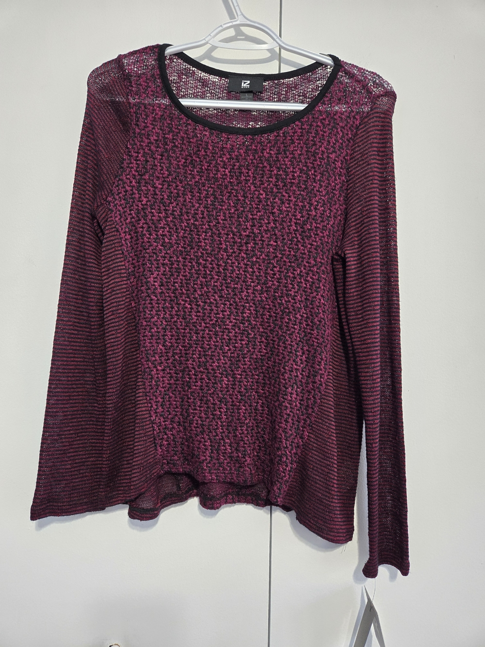 IZ Byer Open Knit Sweater Top Magenta Black Lightweight Size L